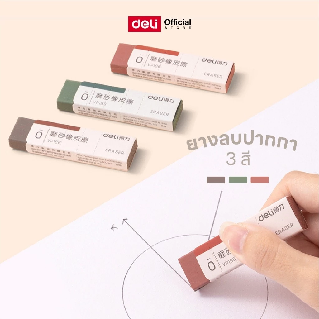 Deli ยางลบปากกา รุ่น VP196 พกพาสะดวก ลบแล้วไม่ทำลายกระดาษ ( คละสี / จำหน่าย 1 ชิ้น )