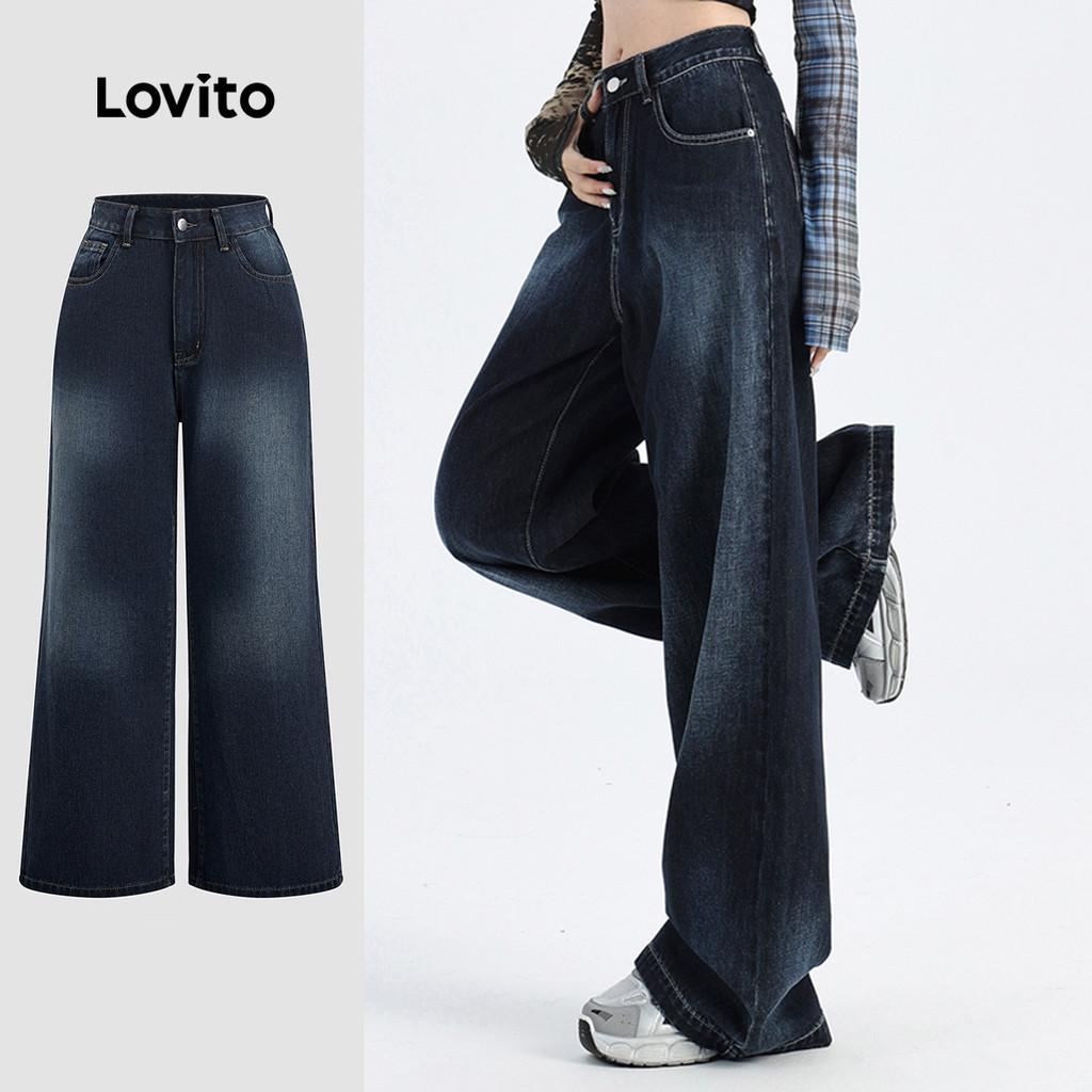 (New) Lovito กางเกงยีนส์ล้างสบายๆ ใส่ได้ทุกฤดู สีน้ำเงินเข้ม สำหรับผู้หญิง L151AD437