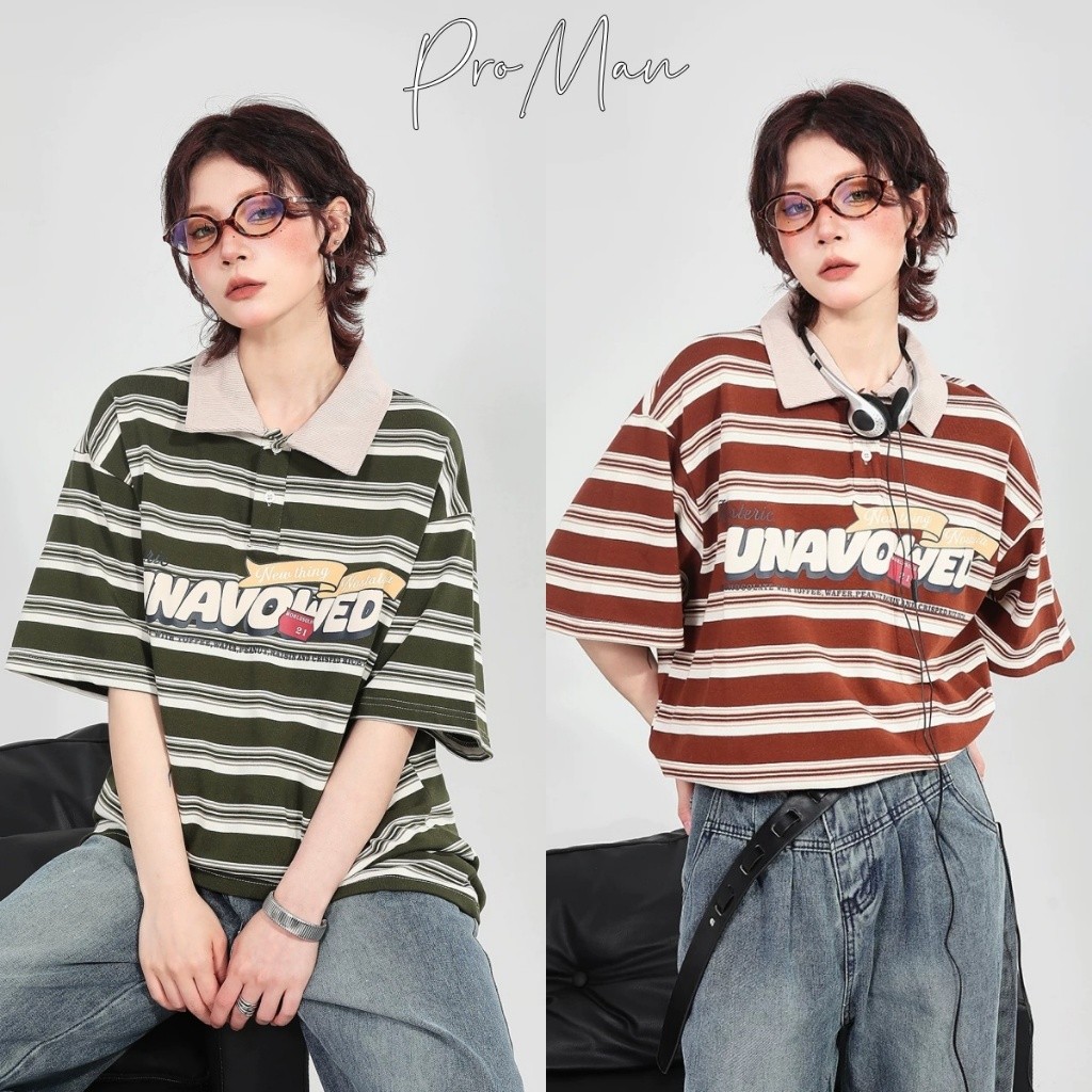 ProMan-สไตล์อเมริกันวินเทจคอปกแขนสั้น  เสื้อโปโล  ชุดคู่รักพิมพ์ตัวอักษร   เทรนด์