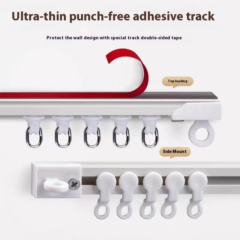 [กาวที่แข็งแกร่งและพร้อมสต็อกจัดส่งที่รวดเร็ว] รางม่านเงียบบางเฉียบกาวเจาะฟรีติดตั้งด้านบนด้านข้างสากลรูปตัวยูโค้ง