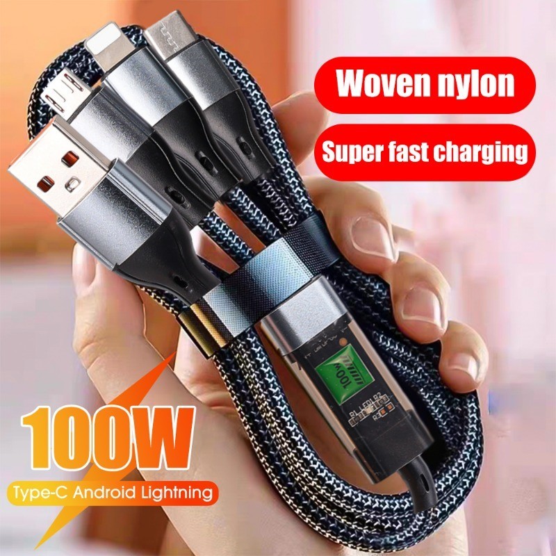 3 in 1 100W 6A Type C สายชาร์จเร็วสุด - 1.2 ม. พอร์ต Usb หลายตัวไนลอนถักสายเคเบิลข้อมูลสากล