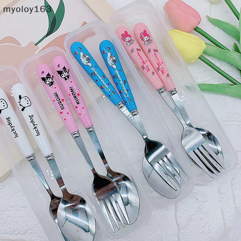 Myoloy Sanrio รูปแบบ Cinnamorolls การ์ตูนสแตนเลสช้อนส้อม Kuromis ชุดสองชิ้นช้อนส้อมและสับช้อนส้อมเด็กอุปกรณ์ TH