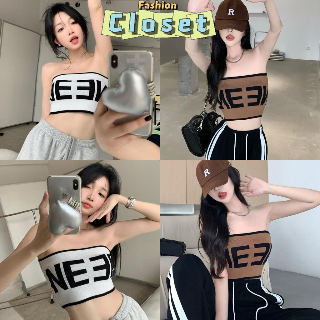 Closet เสื้อผ้าผู้หญิง"28802" เสื้อเกาะอกไหมพรม ปักลายตัวอักษรแบบเก๋ๆ ทรงสวย รัดรูปเซ็กซี่ สุดๆ