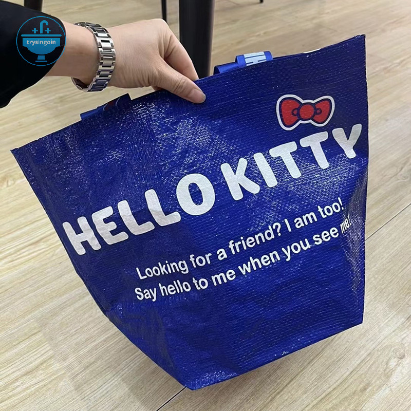 [trysingoin] Super Kawaii Blue Kittys พิมพ์ช้อปปิ้งกระเป๋าไนลอนเป็นมิตรกับสิ่งแวดล้อมกระเป๋าทอมือหนึ่งไหล่น่ารักและทนทานกระเป๋า TH