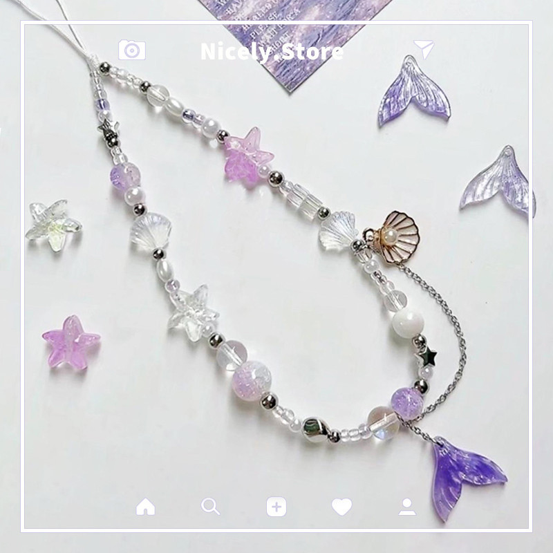 ดรีมมี่สีม่วงเมอร์เมดหางเปลือกมุกดาวลูกปัดจี้กรณีโทรศัพท์โซ่พวงกุญแจป้องกันการสูญหายมือถือสายรัดข้อมือกล้องเชือกอุปกรณ์ป