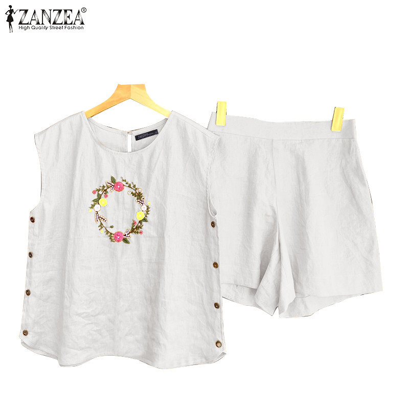 ZANZEA ใส่ ซานเซีย ผู้หญิงเกาหลีสบายๆรอบคอตกแต่งปุ่มดอกไม้เอวยางยืดหลวมเสื้อและกางเกงขาสั้น
