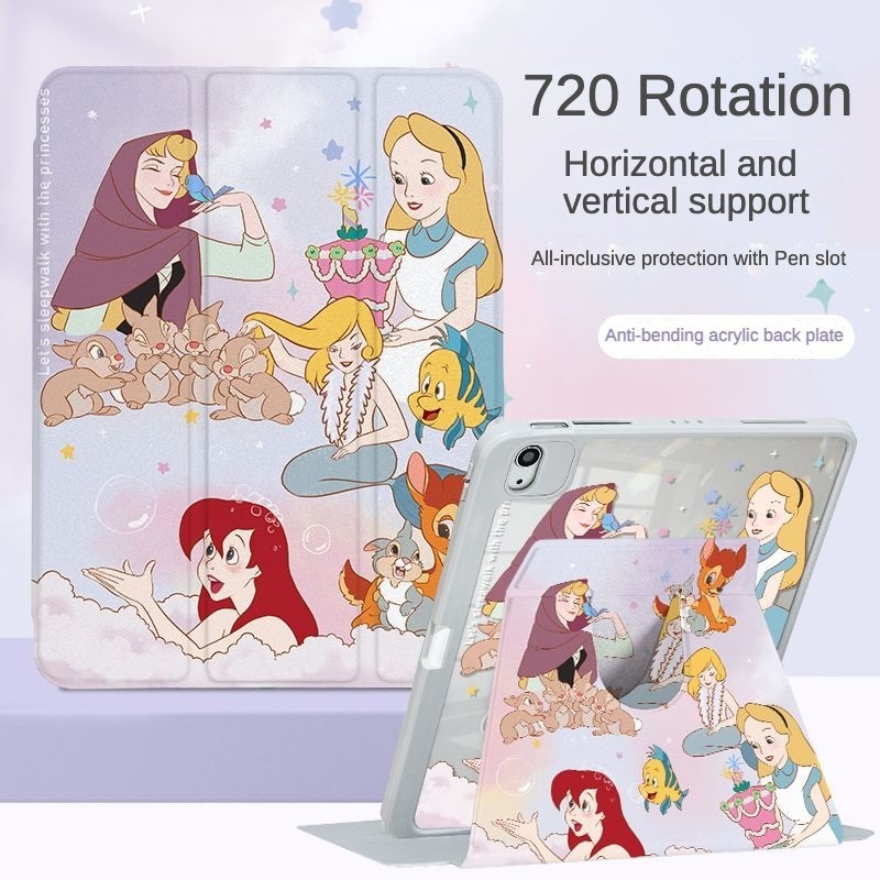 เคส Ipad 360 ° Rotationwhite Cloud Squirrel Princess Alice พร้อมผู้ถือปากกาเหมาะสําหรับอะคริลิค iPad Air6 Gen7/8/9 10.2 Gen5/6 9.7 Air4 Air5 10.9 Pro11 Gen10