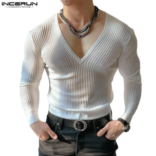 ไม่แน่นอน เสื้อยืดท็อปแขนยาวผ้าถักสําหรับผู้ชายคอวี