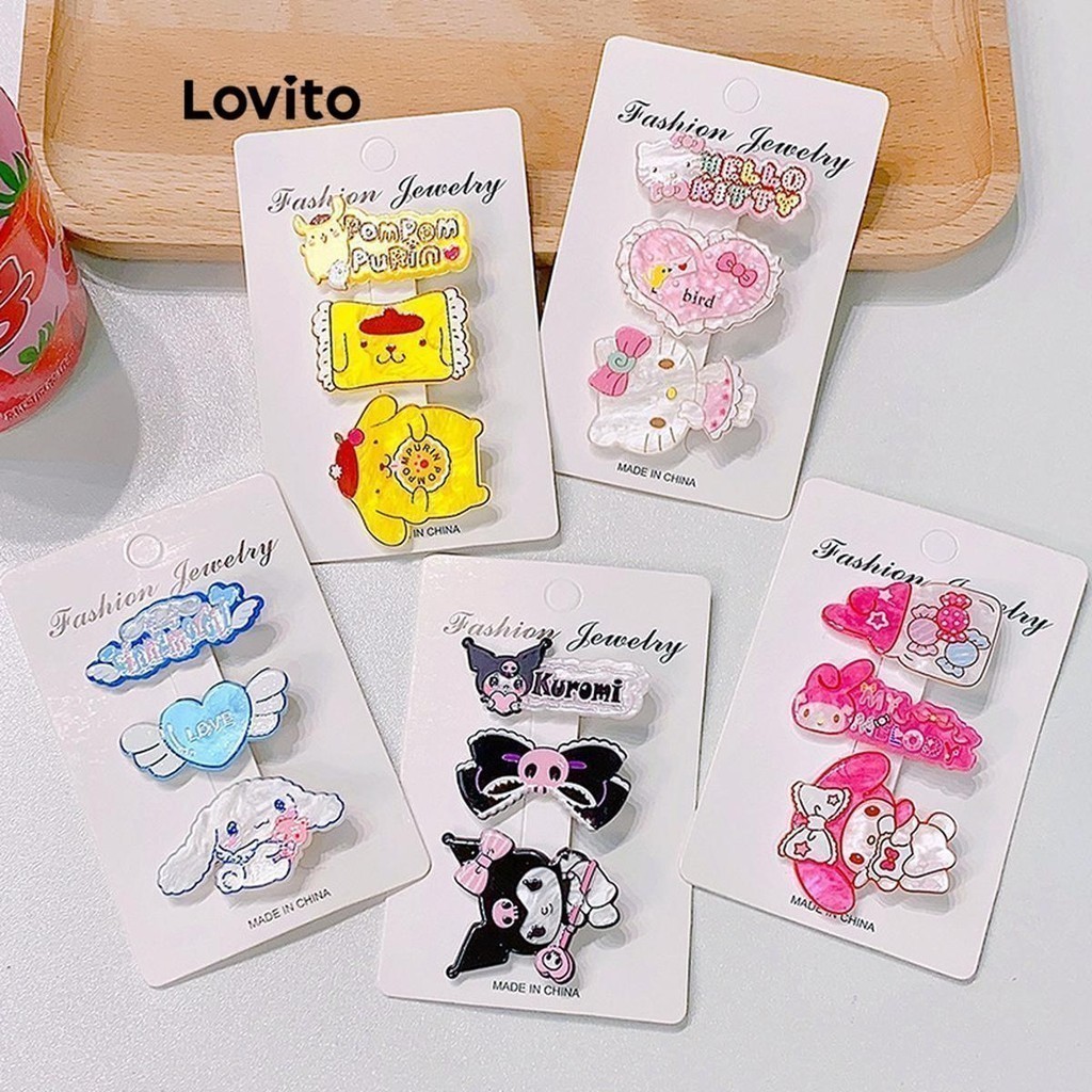 Lovito กิ๊บติดผมผู้หญิง ลายการ์ตูนเฮลโลคิตตี้ คุโรมิ สไตล์น่ารัก 3 ชิ้น LFA16575