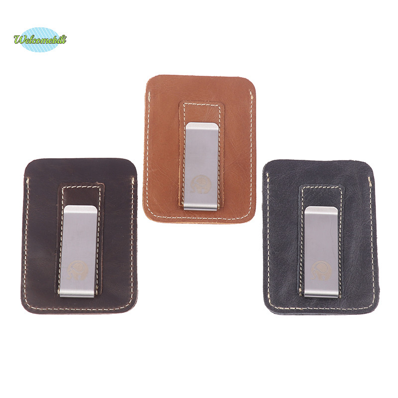 [Welcomebili] Thin Leather Money Clip Mini Wallet Men Credit Card Slot Slim Bills Metal Cash Clamp For Man Small Billfold Holder NEW