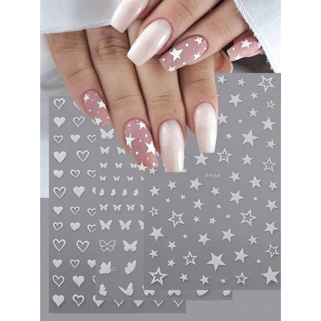 Shine Bright Silver Star Sparkles สติ๊กเกอร์ติดเล็บ, Holographic Star ผีเสื้อหัวใจเล็บ 3D กาว Slider เล็บสติกเกอร์ DIY