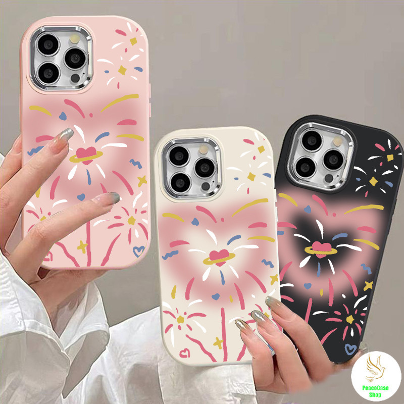 สำหรับ iPhone 7 8 X 11 12 13 14 15 ดอกไม้ไฟรักสร้างสรรค์และเรียบง่าย กรอบรูปโลหะ Chubby กรณีโทรศัพท์ Unisex