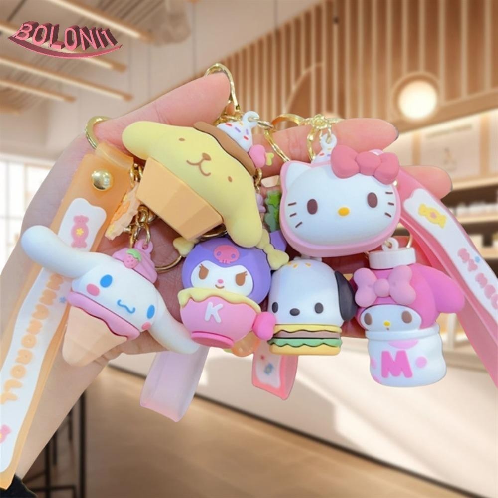 Bo Kuromi Melody พวงกุญแจ, ตุ๊กตา Pompompurin Cinnamoroll จี้ห้อยกระเป๋า, แมวคิตตี้แบบพกพา Pochacoo อะนิเมะการ์ตูนรถพวงกุญแจหญิง