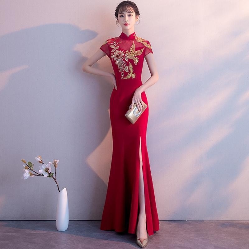 ชุดเจ้าสาวจีน ชุดชองซัม ฤดูร้อนใหม่ กระโปรงยาวสีแดงหางปลา สไตล์จีน