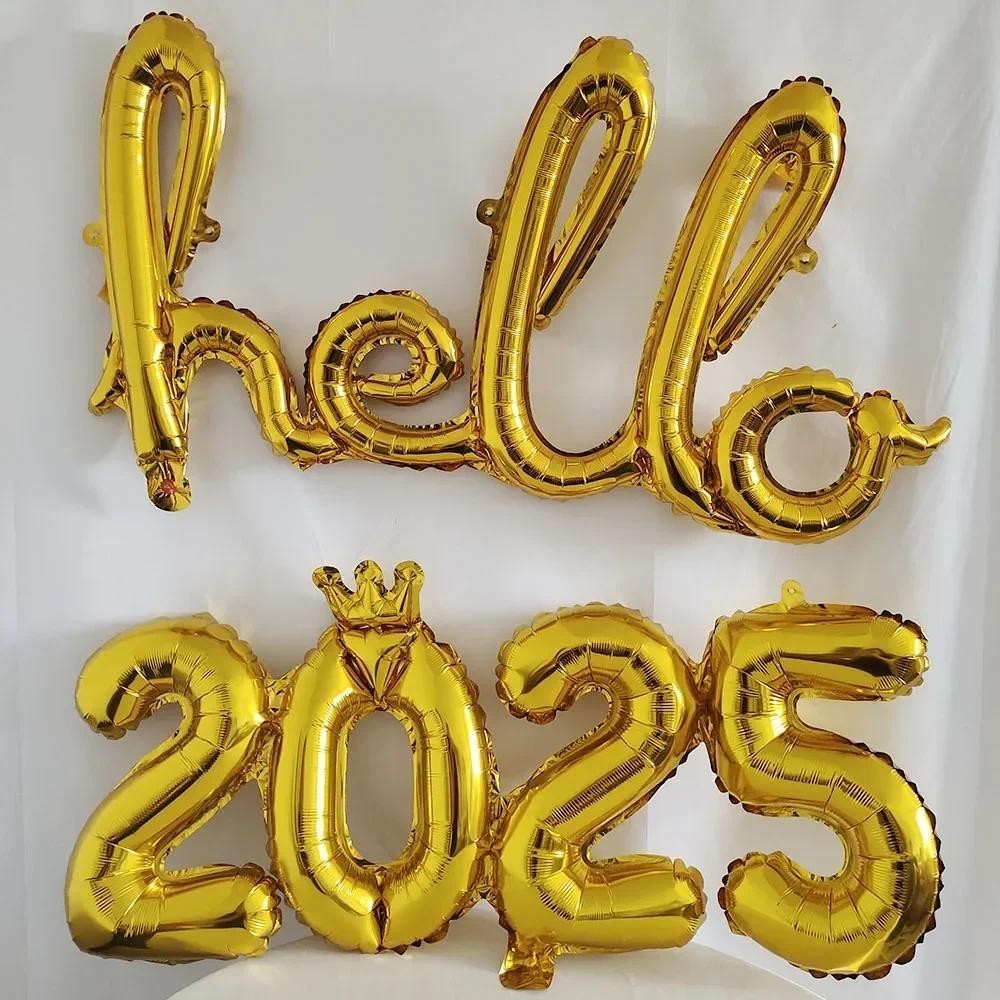 1/3/5set Gold Silver Conjoined Hello 2025 บอลลูนจํานวนตัวอักษร 2025 สวัสดีปีใหม่ Eve Party Decoraition Globos Xmas Balls ขายส่ง