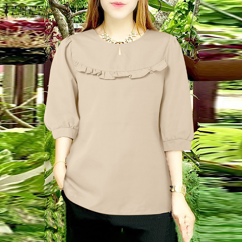 Zanzea ผู้หญิงเกาหลี Daily3/4 แขนเสื้อคอกลมสีทึบ Ruffle ตกแต่งเสื้อ — صورة 6