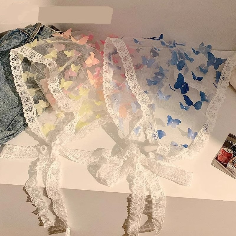 Vivid Butterfly Lace Turban Head Kerchief Lattice ผมสวยผ้าพันคอสามเหลี่ยม Headwear ผมผ้าพันคอ