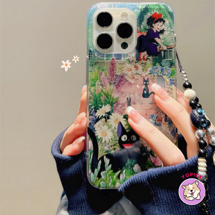 อะนิเมะแมวดําไม้กวาดสาวเคสโทรศัพท์สําหรับiphone 15Pro Max 14 13 12 mini 11 15Plus XR XS Max 7 8 Plus SE2020น่ารักฝาครอบโทรศัพท์สําหรับIPhone 14ProMaxพร้อมโซ่เชือกเส้นเล็กเชือกZBD