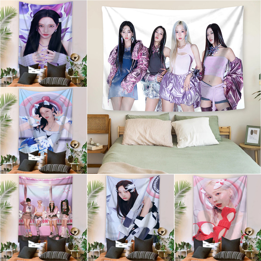 Kpop aespa Wall Tapestry พร้อมคลิปโพลีเอสเตอร์ Tapestries ห้องนอนแขวนผนัง Tapestry Home Decor