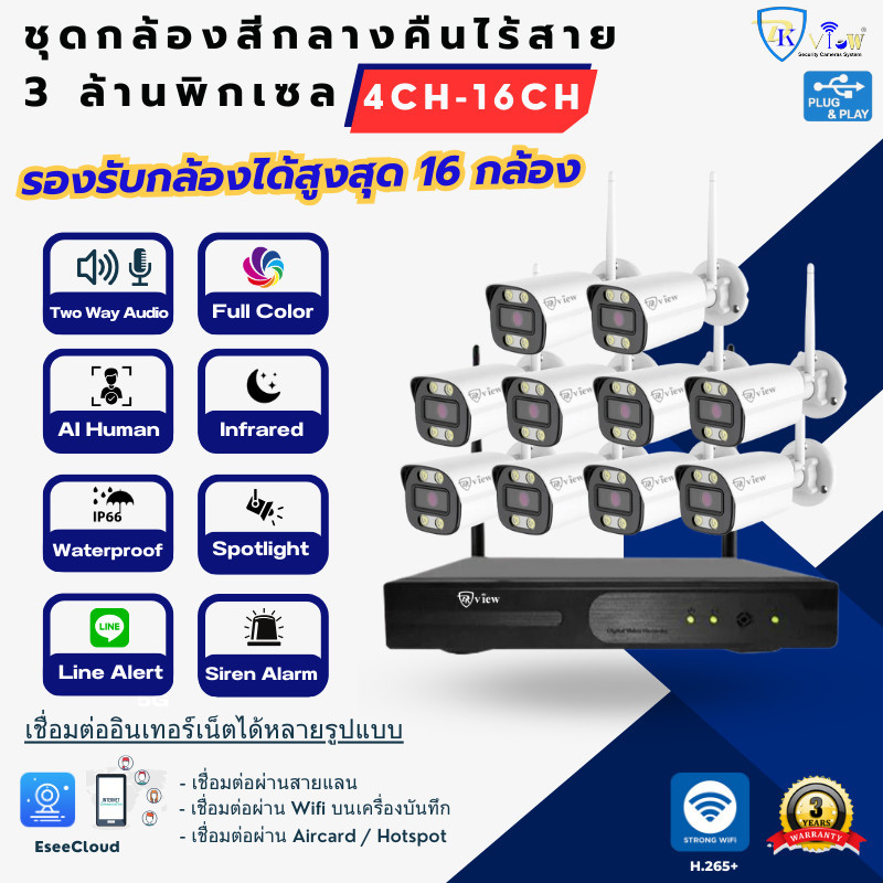 คมชัด DKView ชุดกล้องสีกลางคืนไร้สาย H.265+ 3 ล้านพิกเซล 4CH-16CH (บันทึกเสียงและคุยโต้ตอบได้)