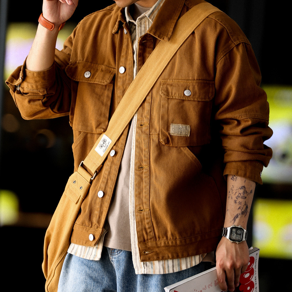 Wuluwear American Retro Workwear แจ็คเก็ตยีนส์ผู้ชายสบายๆกลางแจ้ง Tough Guy หลวมแจ็คเก็ตล่าสัตว์ฤดูใบไม้ผลิ