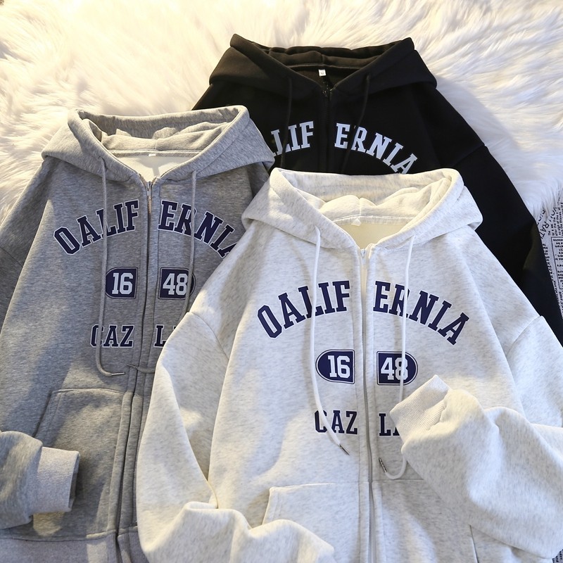 ผู้ชาย เสื้อฮู้ด แขนยาว K-Pop ถนนคลาสสิก การพิมพ์ตัวอักษร สไตล์สปอร์ต กำมะหยี่หนา แจ็คเก็ต Zipper Hooded
