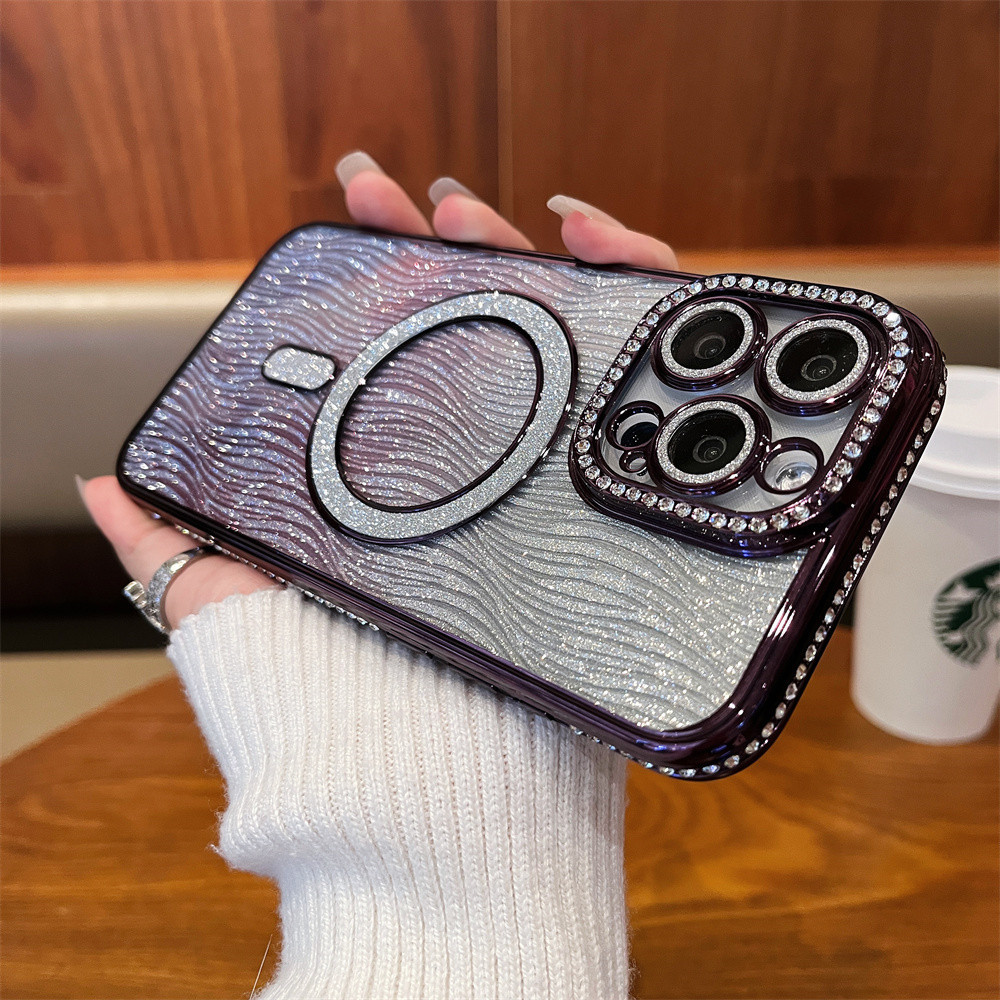 หรูหราแฟลชเพชรเคสโทรศัพท์แม่เหล็กสําหรับiphone 11 12 13 14 15 16 Pro Max 15 Plusเลนส์ป้องกันกล้องกันกระแทกTPU soft Caseเคสโทรศัพท์ป้องกัน