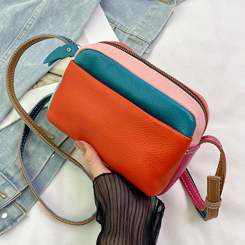 Contrast Color Cowhide Womens Mini Square Bag New Shoulder Messenger Bag
