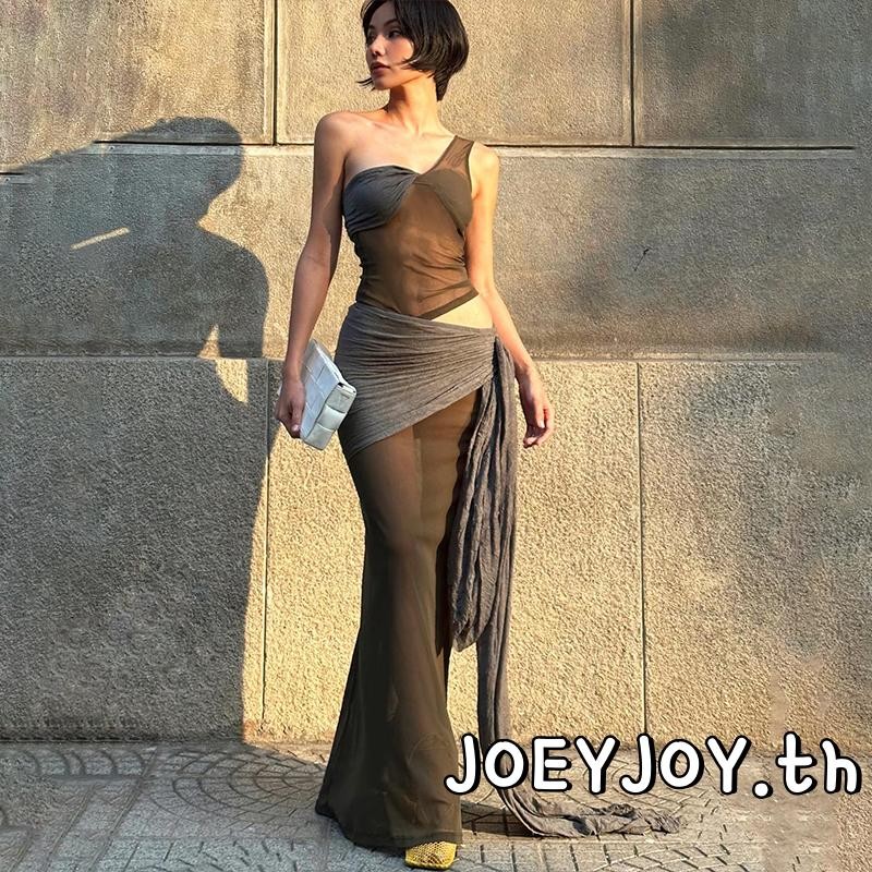 Joeyjoy-ชุดเดรสยาวผู้หญิง Patchwork หนึ่งไหล่ฤดูร้อนเอว Cutout Tie-Up ชุดลําลอง
