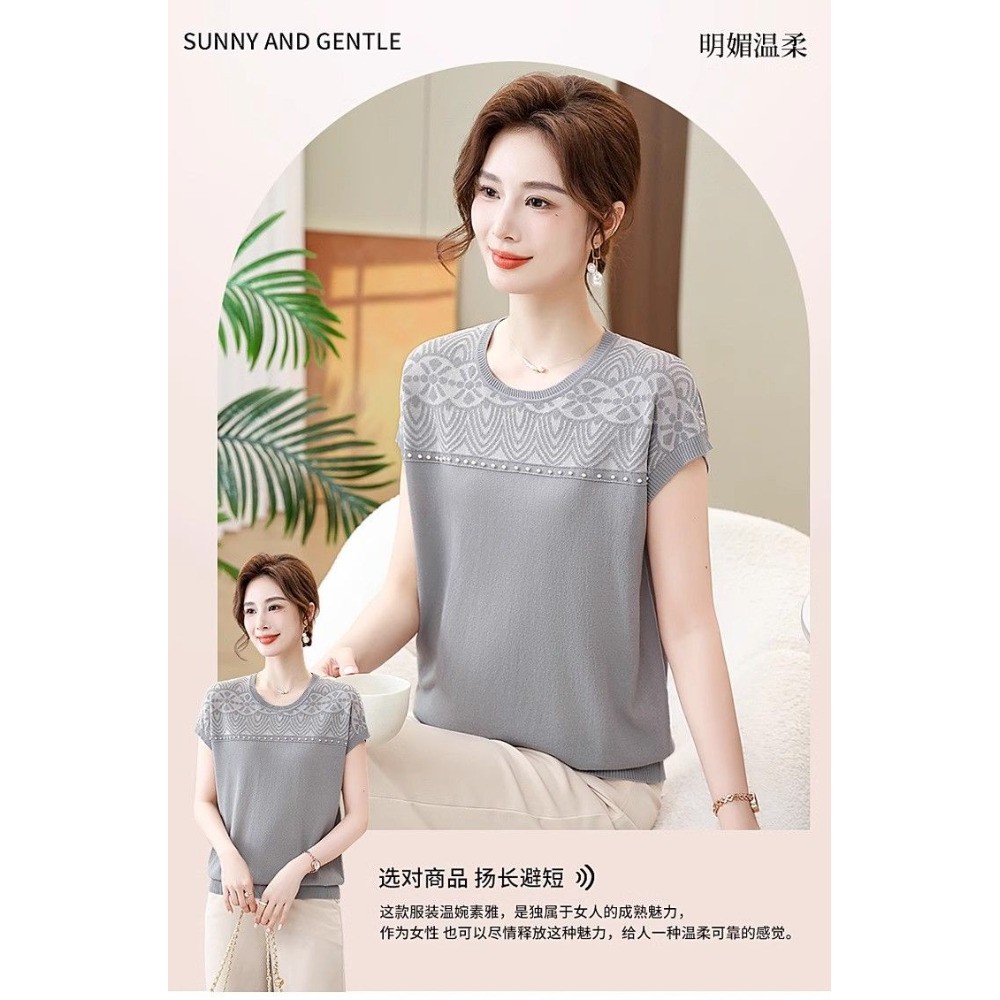 ผ้าไหมน้ําแข็งถักเสื้อขนาดบวกผู้หญิงฤดูร้อนสไตล์เกาหลีหลวมกลวงแขนสั้นเสื้อยืด - รูปที่ 3