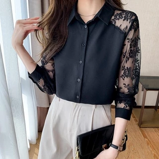 Dahong ❤️ เสื้อเชิ้ต ลูกไม้ เย็บ แขนยาว สไตล์ใหม่ สำหรับผู้หญิง สไตล์เกาหลี เสื้อเชิ้ตใส่ทำงานสำหรับผู้หญิง w449