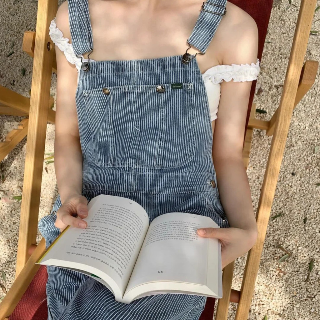 the barnet  🇰🇷  [PAN-LADY] 2024  jumpsuit women จั๊มสูทเอี๊ยมลายทางหลวม ๆ