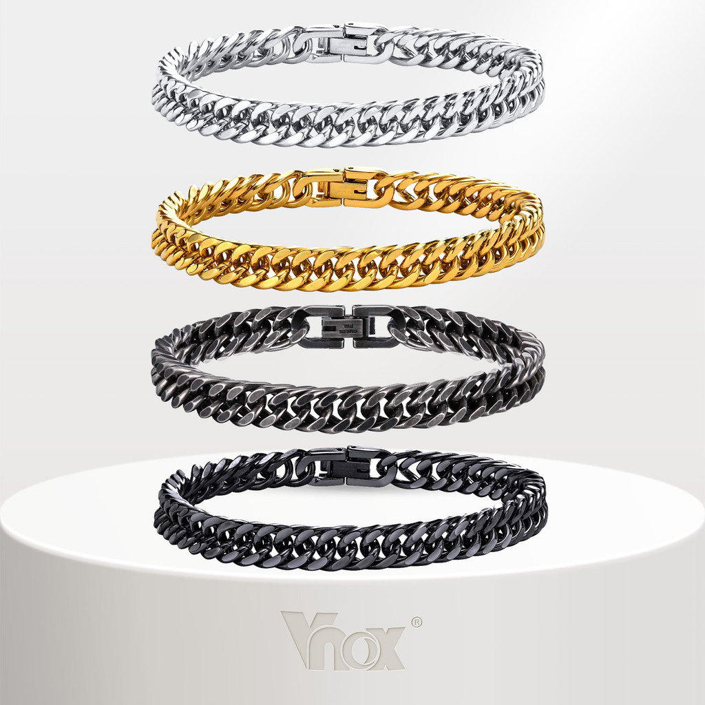 VNOX วีน็อกซ์ สร้อยข้อมือโซ่ทอคู่วินเทจ, สแตนเลสสีดําผู้ชายเครื่องประดับหัวเข็มขัดสร้อยข้อมือเครื่องประดับของขวัญ