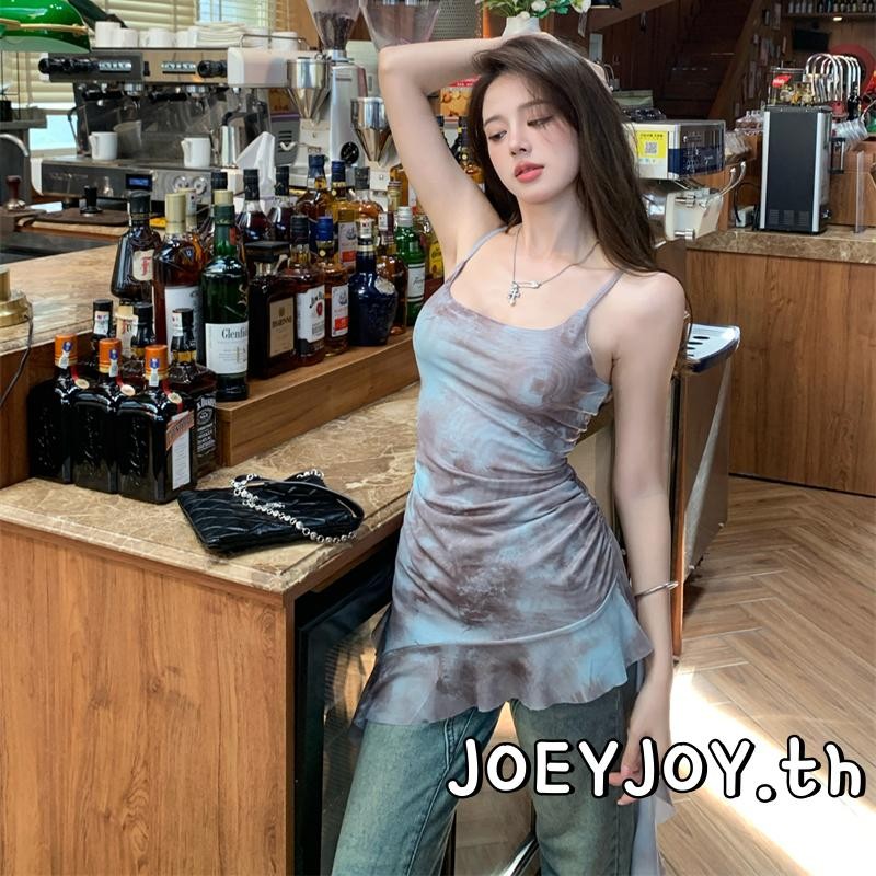 Joeyjoy-เสื้อชั้นในสตรีฤดูร้อนมัดย้อมพิมพ์ไม่สม่ําเสมอ Ruffles เสื้อกล้ามลําลอง