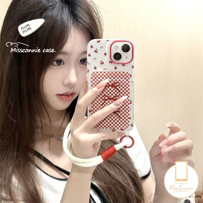 Retroลายสก๊อตสีแดงเชอร์รี่bowknotการ์ตูนสําหรับiphone 7Plus 14 16 15 13 11 12 Pro Max XR X XS Max 16 6 8 7 15 6s Plus SEคู่เชือกเส้นเล็กกระเป๋าสตางค์ช่องใส่การ์ดฝาครอบ
