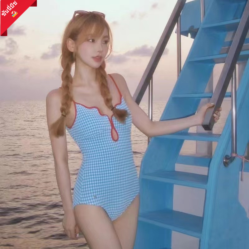 จัดส่งจากกรุงเทพ Sexy swimsuit ชุดว่ายน้ำวันพีช ลายสก็อตสีฟ้า สไตล์ญี่ปุ่น เปลือย สายปรับได้