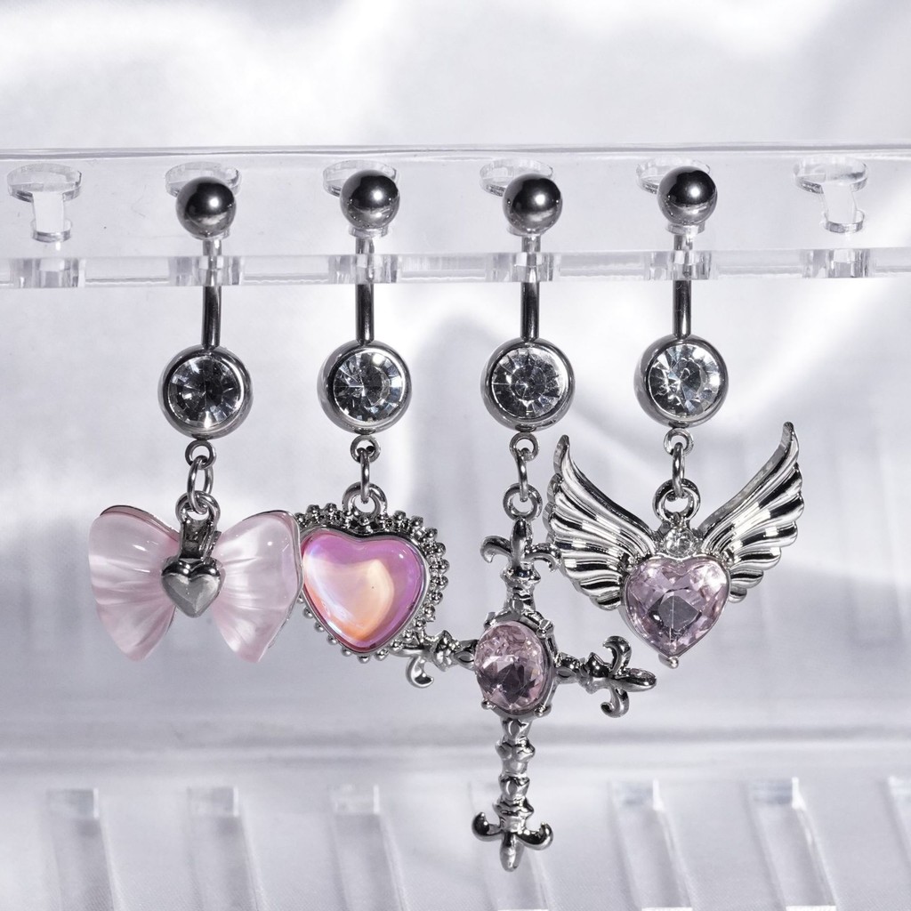 1 ชิ้น Super Fairy การออกแบบปีกสีชมพูที่ละเอียดอ่อนหญิงสแตนเลสฝังเพทายเล็บสะดือ