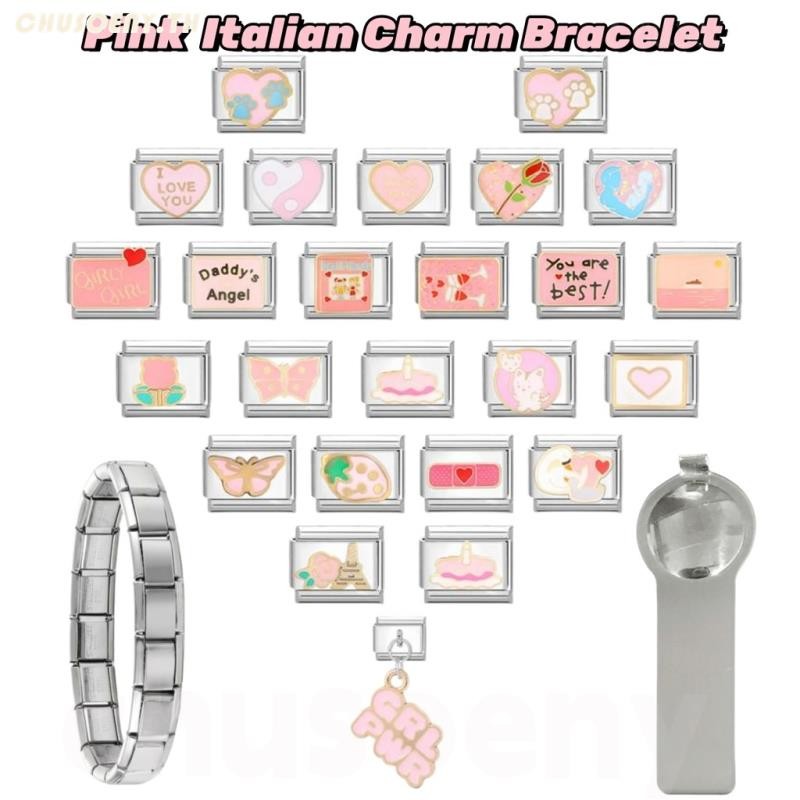 ยอดนิยม Love Unicorn หัวใจสีชมพูสาวอิตาเลี่ยน Charm Links Fit 9 มม.สร้อยข้อมือสแตนเลสทําเครื่องประดับ