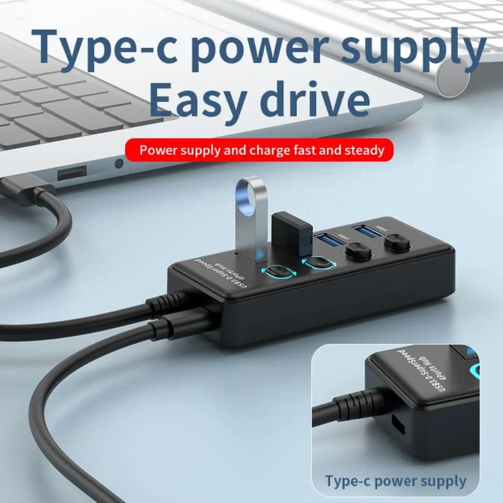 Fonken USB3.0/USB2.0 HUB สําหรับ Windows11/10/8 Mac OS Linux 2.6.14 4 พอร์ต USB Splitter Power Adapter พร้อมสวิทช์และไฟ
