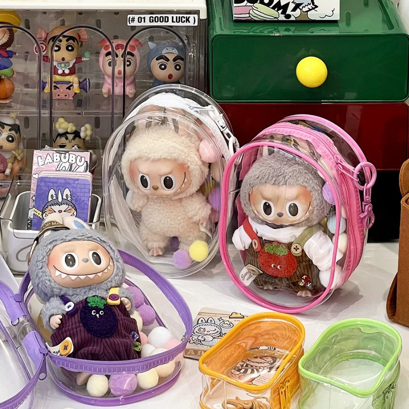 พร้อมส่งในไทย กระเป๋า labubu macaron 18 ซม. ถุงเก็บ Labubu pvc หนากระเป๋าตุ๊กตาโปร่งใสน่ารักถุงแขวนกันฝุ่น หลายสี