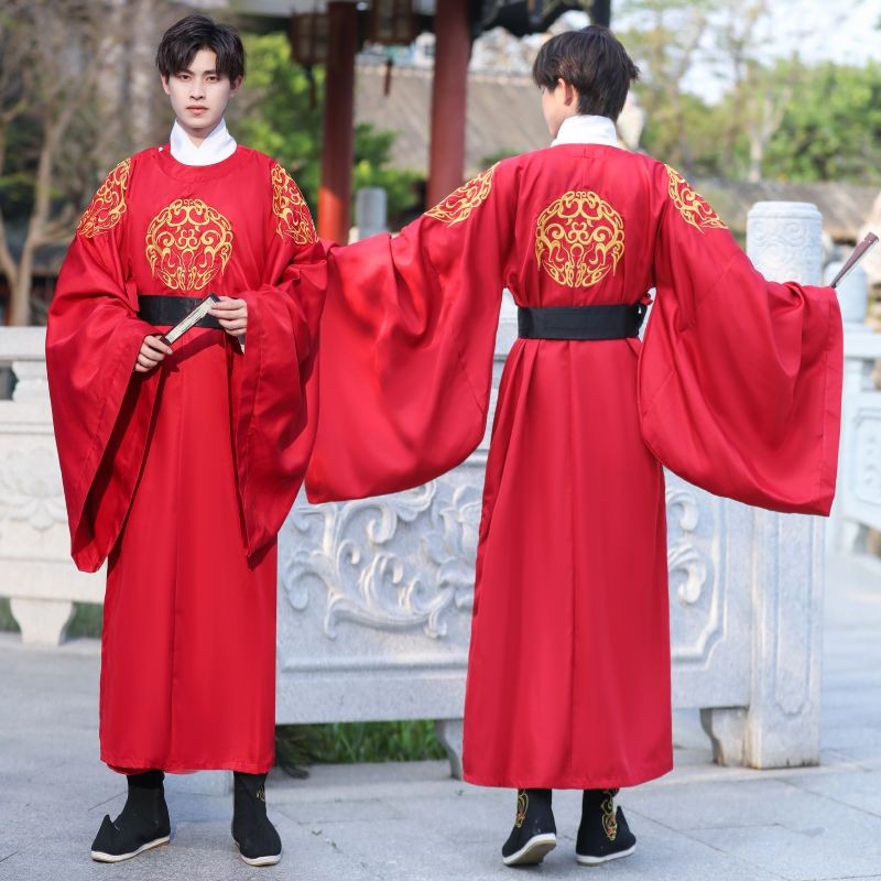 Hanfu ชายไวน์แดงรอบคอ Robe Tang Dynasty อย่างเป็นทางการชุดหล่อ Master Scholar สไตล์จีนโบราณ Robe อัศวิน