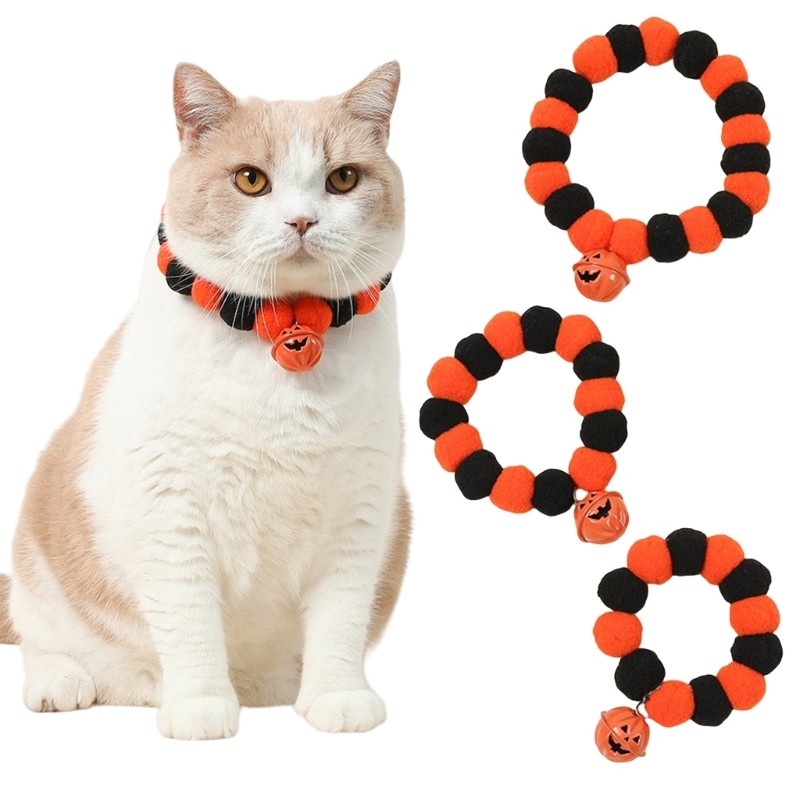 Bo ปลอกคอสุนัขฟักทองฮาโลวีนสัตว์เลี้ยงเครื่องแต่งกาย Pompoms สร้อยคอ Fun Bells 3D