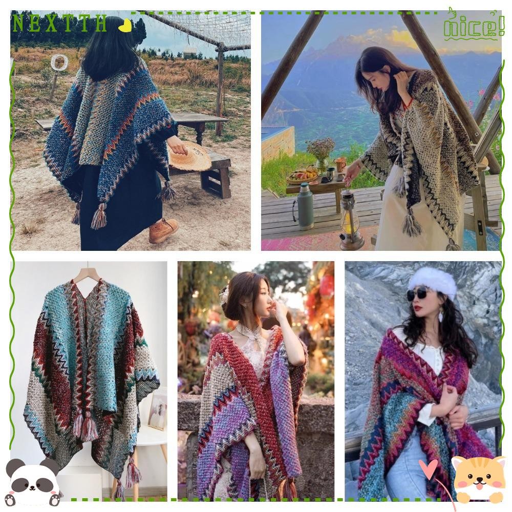 ต่อไป ถักเคป,สไตล์ชาติพันธุ์ ประกบกัน ผู้หญิงพู่ผ้าคลุมไหล่,นุ่มย้อนยุคขนมเปียกปูนลายสไตล์โบฮีเมียนมองโกเลียเสื้อปอนโชการท่องเที่ยว