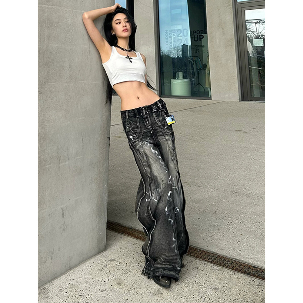 Wide Leg2024Design Sense Mop Pants Retro Women's Streamline American Tie-Dye NewhiphopTall Jeans