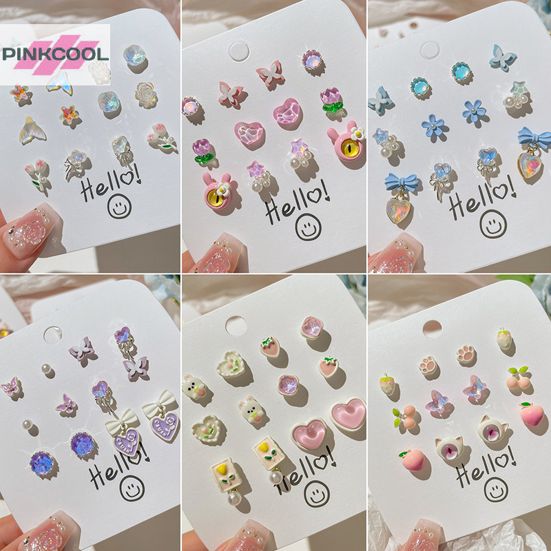 Pinkcool 1 ชุดน่ารักสีสันสดใสหินหัวใจผีเสื้อรูปร่างต่างหูสตั๊ดสําหรับผู้หญิงสาวแฟชั่นต่างหูเครื่องประดับของขวัญปาร์ตี้ร้อน