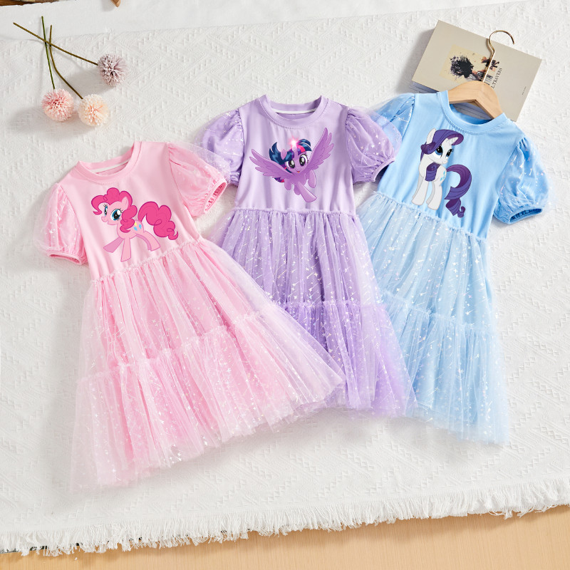 My Little Pony Girls Princess Dress น่ารักการ์ตูนพิมพ์แขนฟอง Dreamy ตาข่าย Glitter เด็กฤดูร้อนชุดใหม่