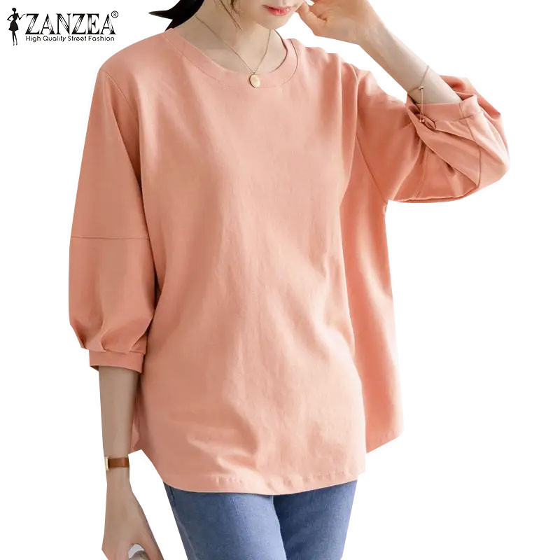 ZANZEA ซานเซีย ผู้หญิงแฟชั่นเกาหลีจีบสีธรรมดาหลวมคอลูกเรือ3/4แขนเสื้อ