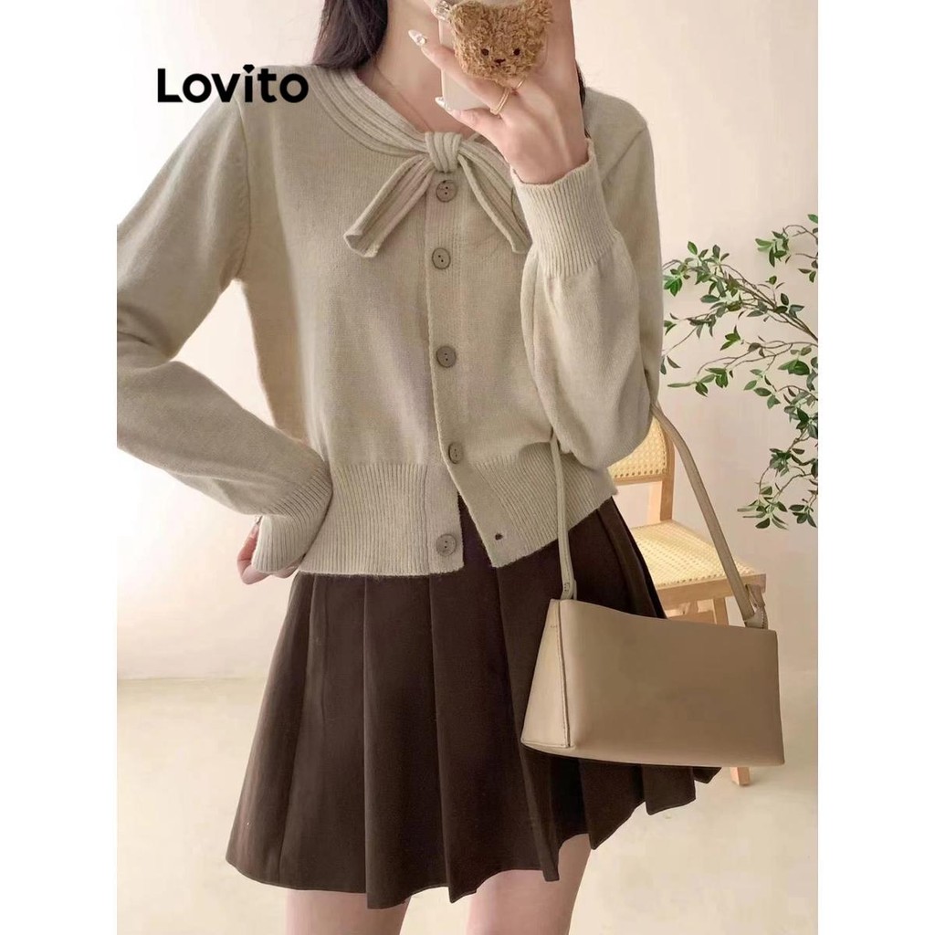 Lovito เสื้อสเวตเตอร์หน้าโบว์ธรรมดาน่ารักสำหรับผู้หญิง LNE71530