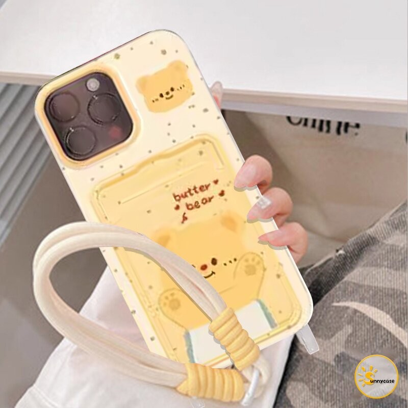 เคสนิ่มลาย Lovely Butter Bear Card Holder Strapless เข้ากันได้กับ IPhone 15 13 12 11 14 Pro Max XR 7 8 Plus XS Max X SE