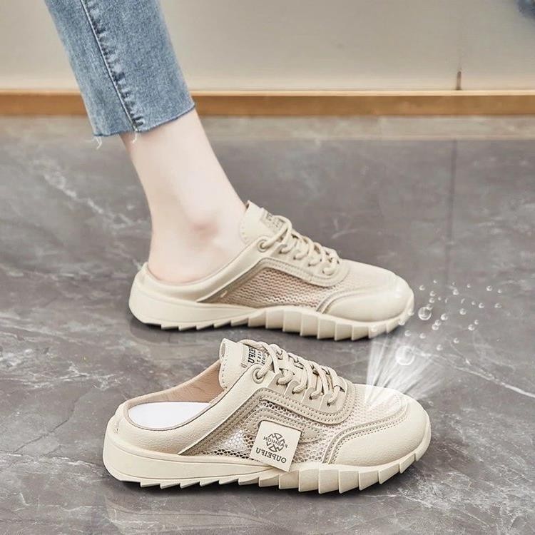 Soft-soled Baotou รองเท้าแตะครึ่งผู้หญิง 2024 สไตล์ใหม่ Permeable รองเท้าผู้หญิงตาข่ายระบายอากาศฤดูร้อนสวมใส่ด้านนอกจับคู่กระโปรงรองเท้าแตะ H